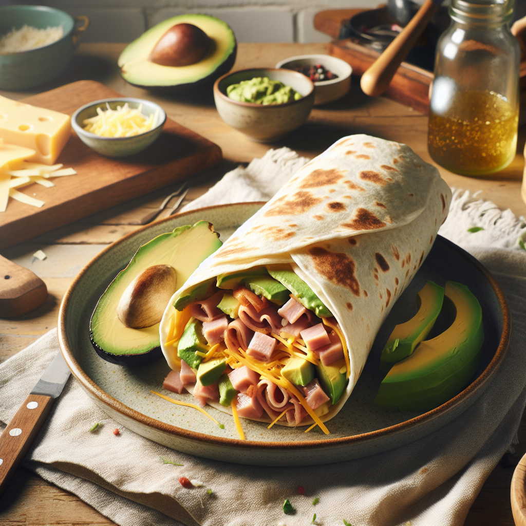 Burrito de Tortilla Francesa Relleno de Queso, Aguacate, Jamón y Pollo Desilachado