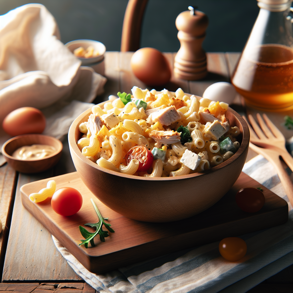 Ensalada de Macarrones con Queso, Pollo, y Salsa de Miel y Mostaza
