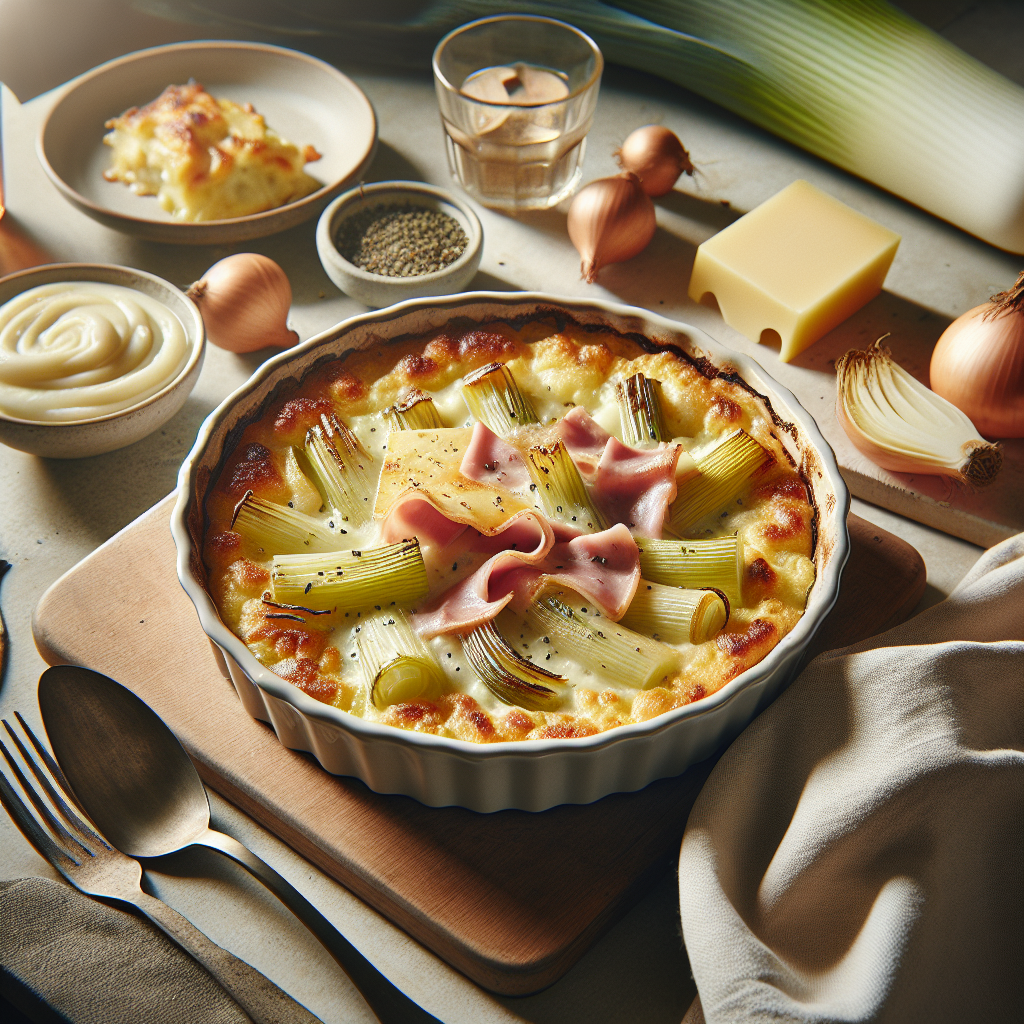 Puerros gratinados con jamón y queso