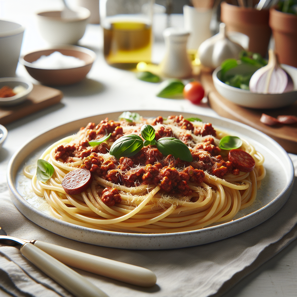 Espaguetis a la Boloñesa con un Toque de Chorizo y Vino Blanco