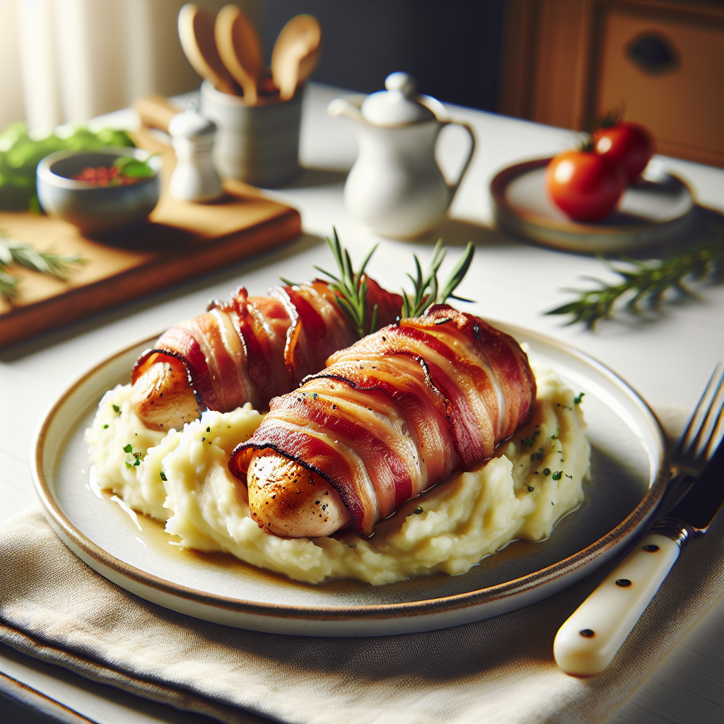 Delicioso Pollo Envuelto en Bacon con Puré de Patatas