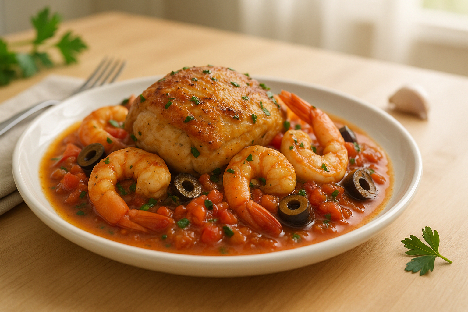 Delicioso Pollo con Langostinos al Estilo Mediterráneo