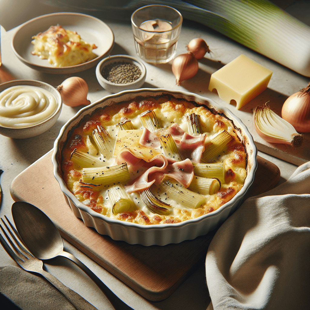 Plato de Puerros gratinados con jamón y queso