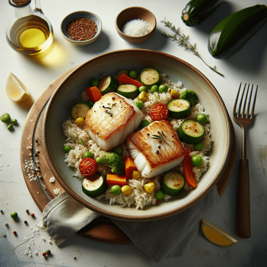 Plato de Medallones de merluza congelados con arroz y verduras