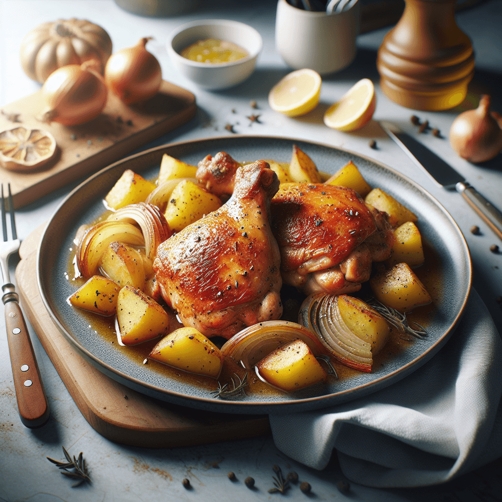 Plato de Contramuslos al horno irresistibles sobre cama de patatas y cebolla