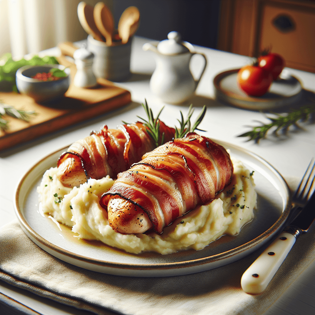 Plato de Delicioso Pollo Envuelto en Bacon con Puré de Patatas