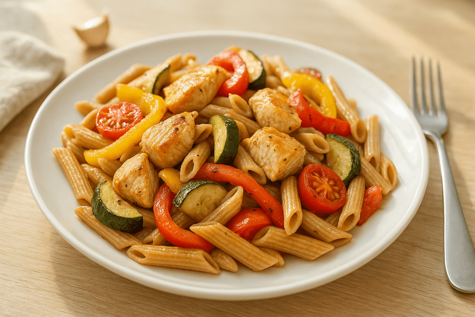 Plato de Pasta Integral con Pollo y Verduras Asadas: Un Éxito Nutritivo