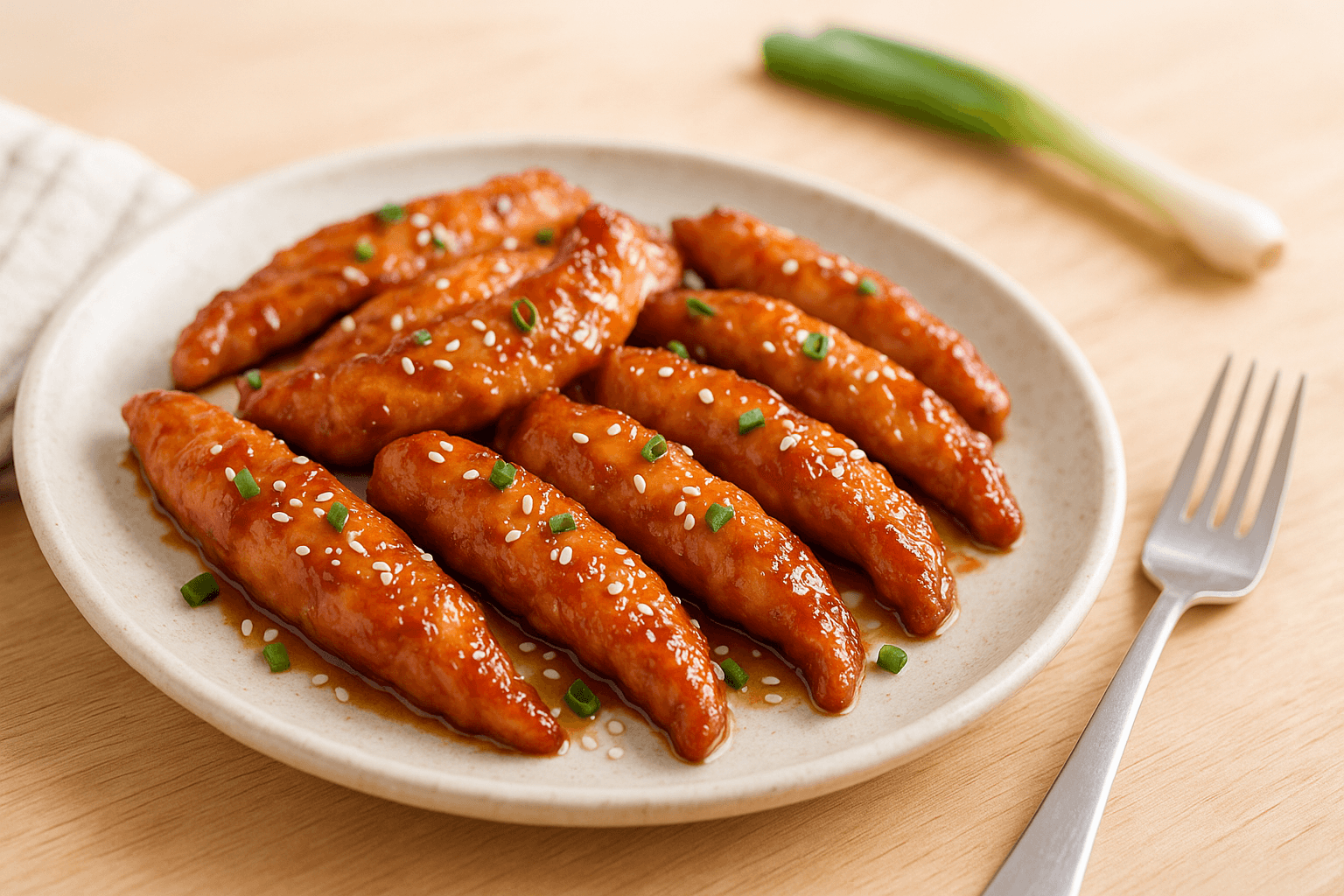 Plato de Tiras de pollo teriyaki irresistibles en freidora de aire