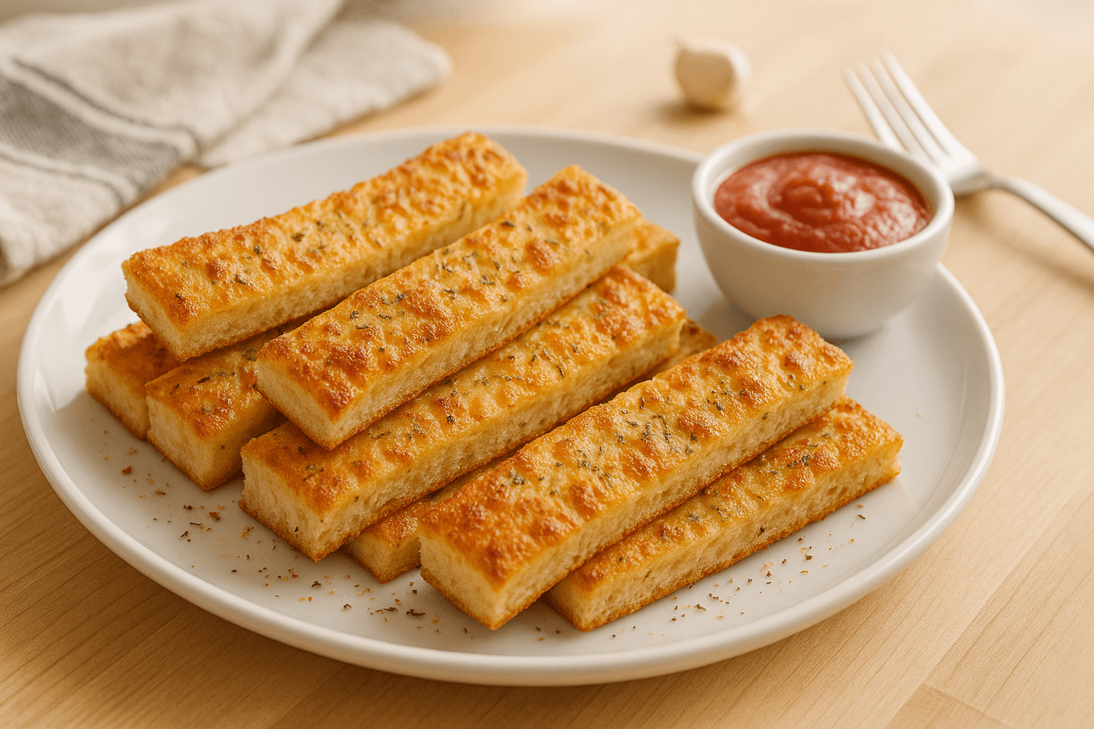 Plato de Palitos crujientes de pan estilo Pizza Hut en freidora de aire