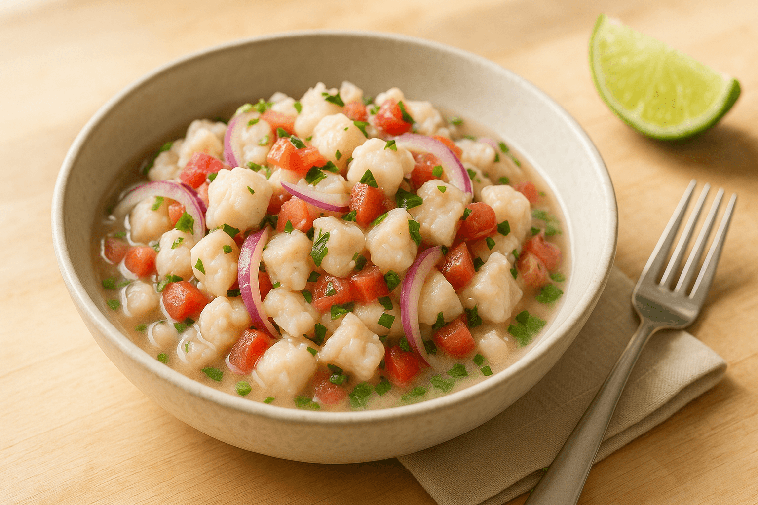 Plato de Ceviche de pescado fresco que te transporta al mar