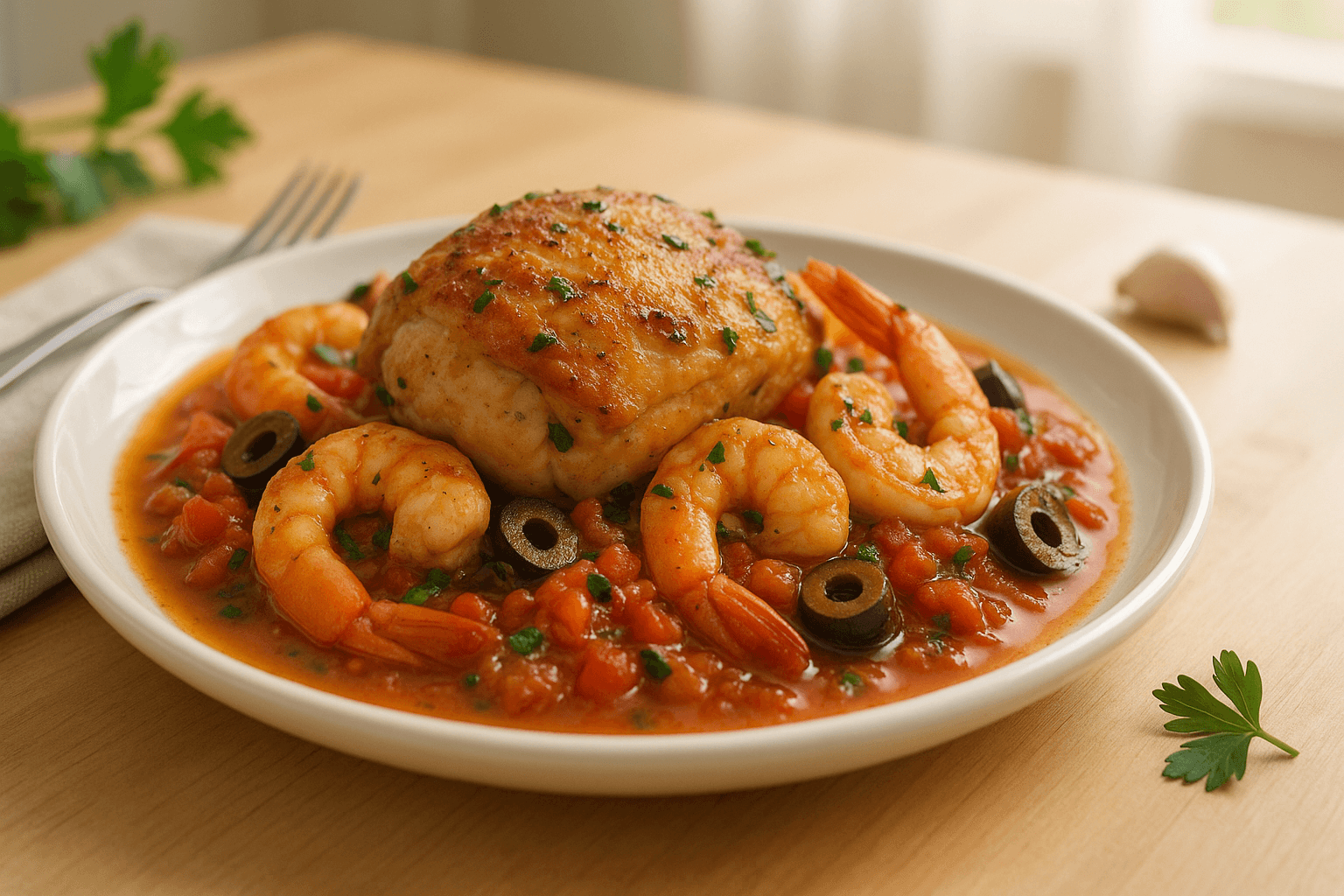 Plato de Delicioso Pollo con Langostinos al Estilo Mediterráneo