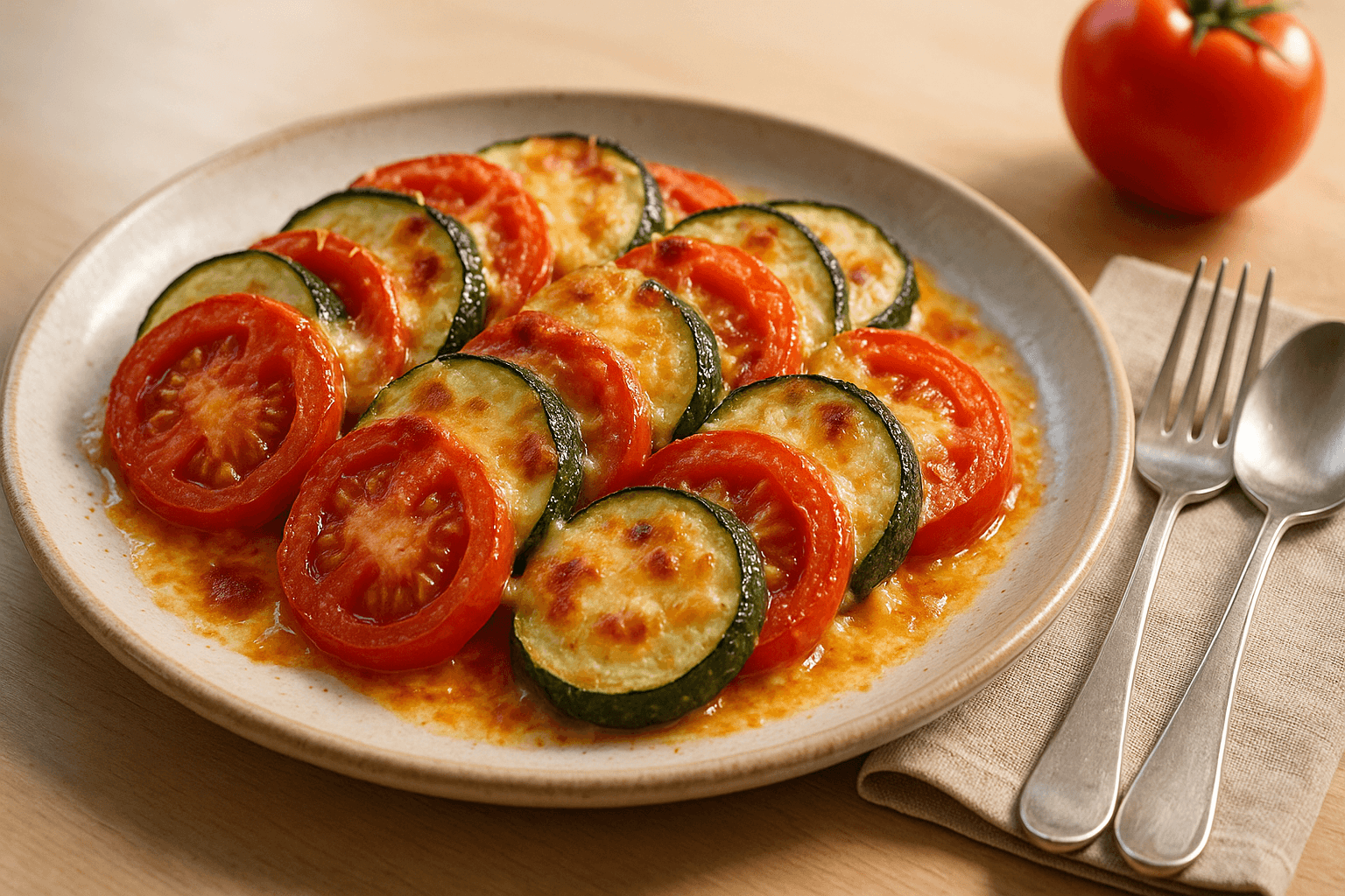 Plato de Calabacín gratinado irresistible con tomate y queso