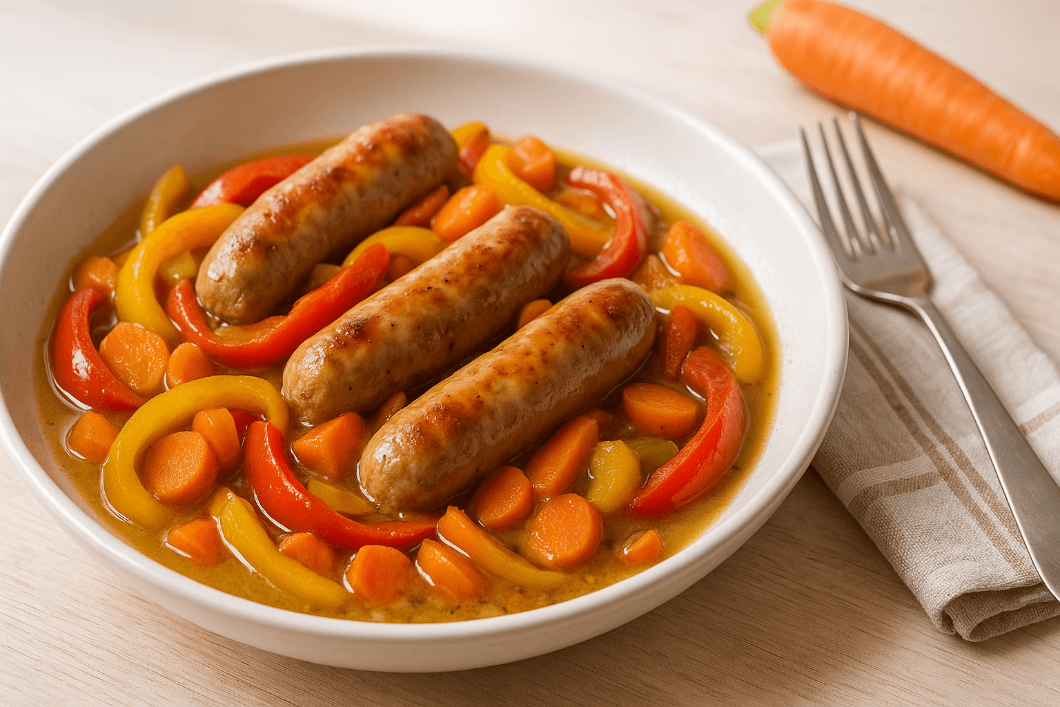 Plato de Salchichas Frescas al Vino Blanco con Pimientos y Zanahorias