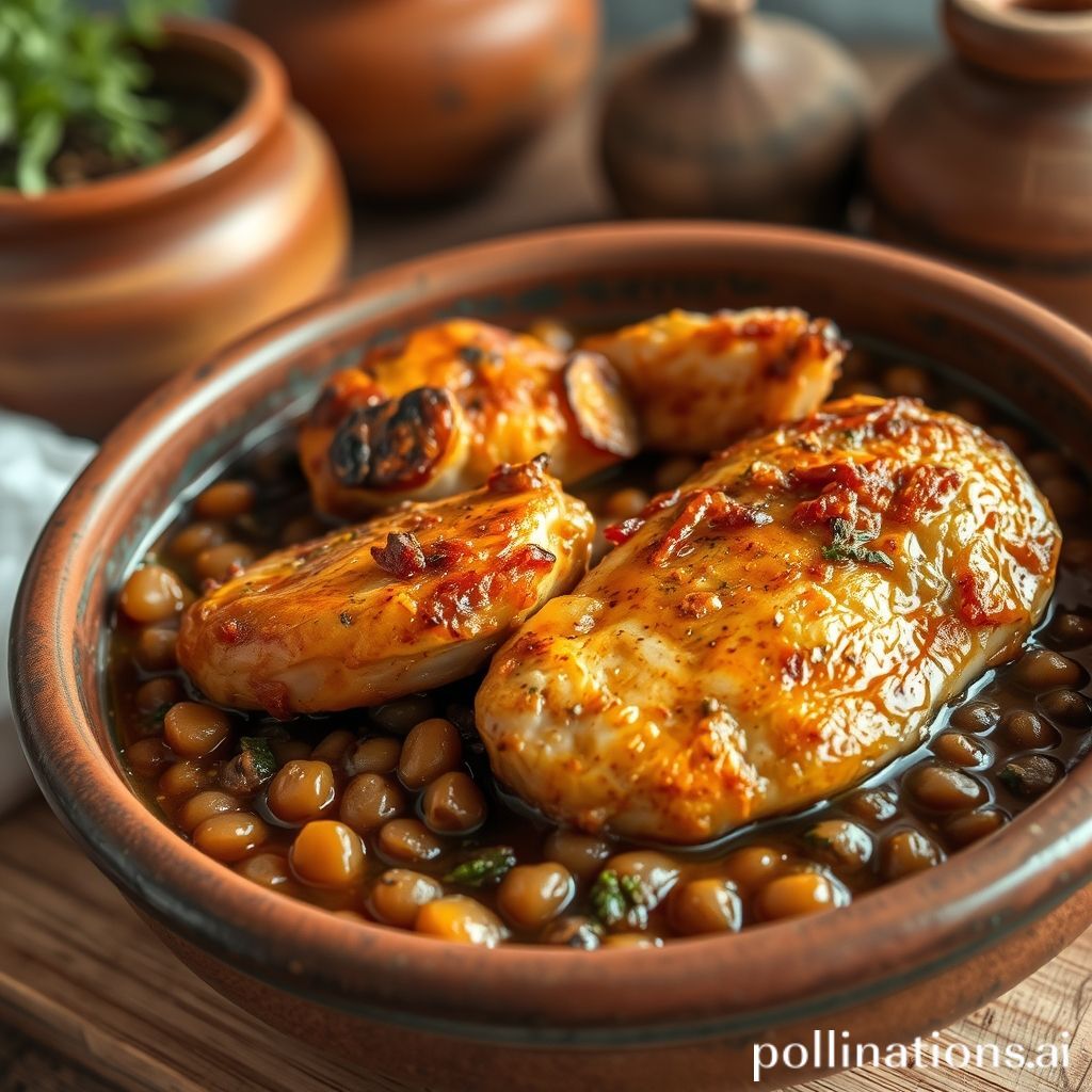 Lentejas guisadas con pollo marinado