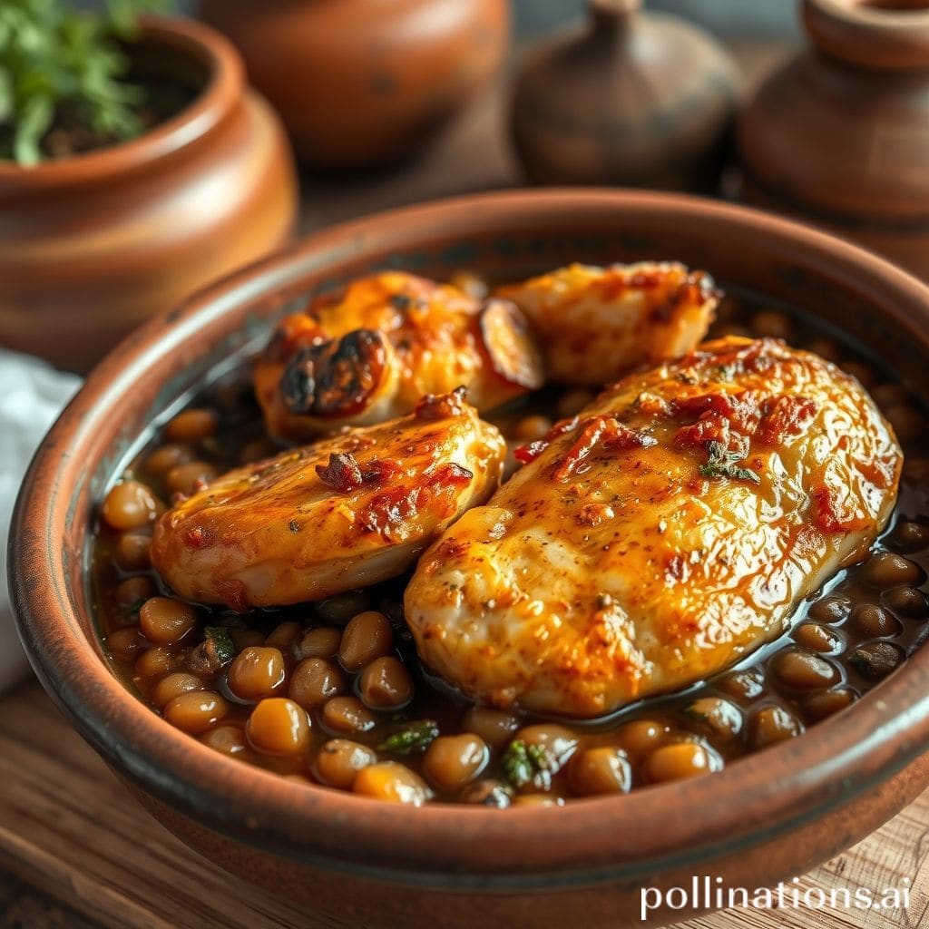 Plato de Lentejas guisadas con pollo marinado
