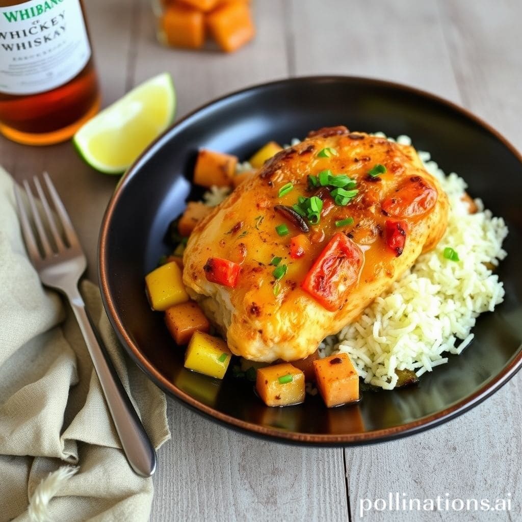 Plato de Pechuga de Pollo al Whisky con Patatas y Verduras Escalivadas