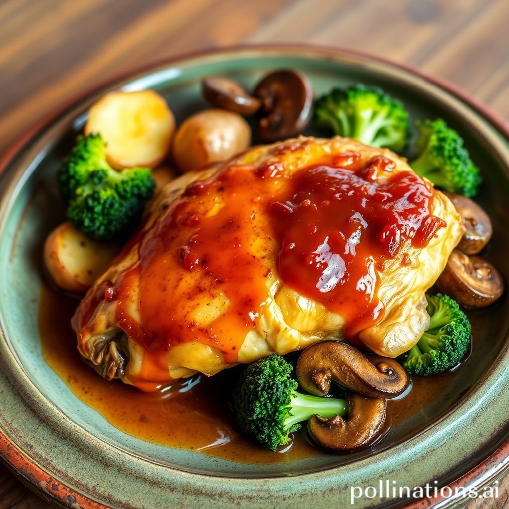 Contramuslo con Salsa Vizcaína, Patatas, Brócoli y Champiñones