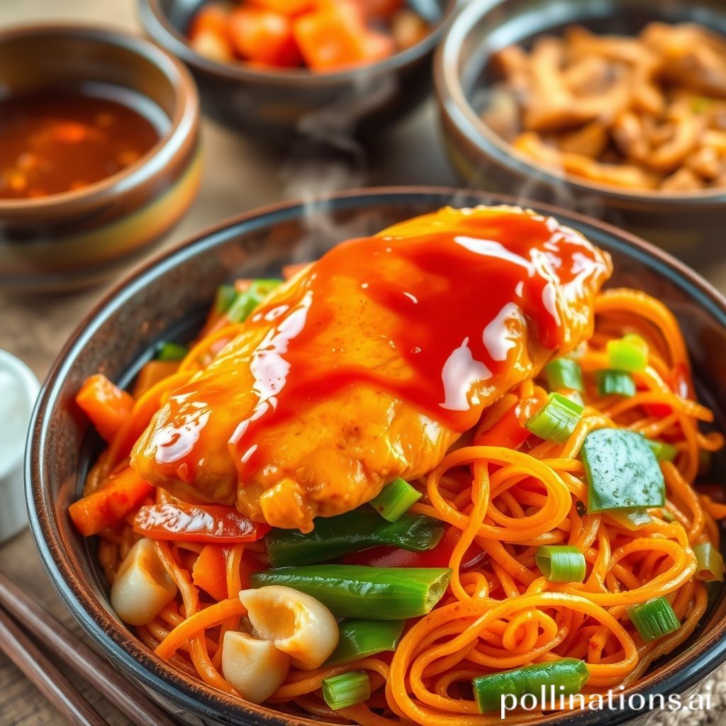 Pollo con Salsa Coreana, Verduras y Noodles de Boniato