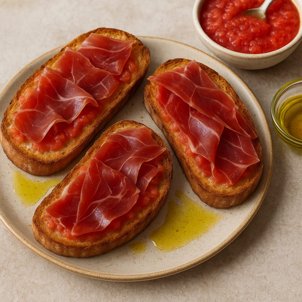 Tostadas con Aceite, Tomate Triturado y Jamón Serrano