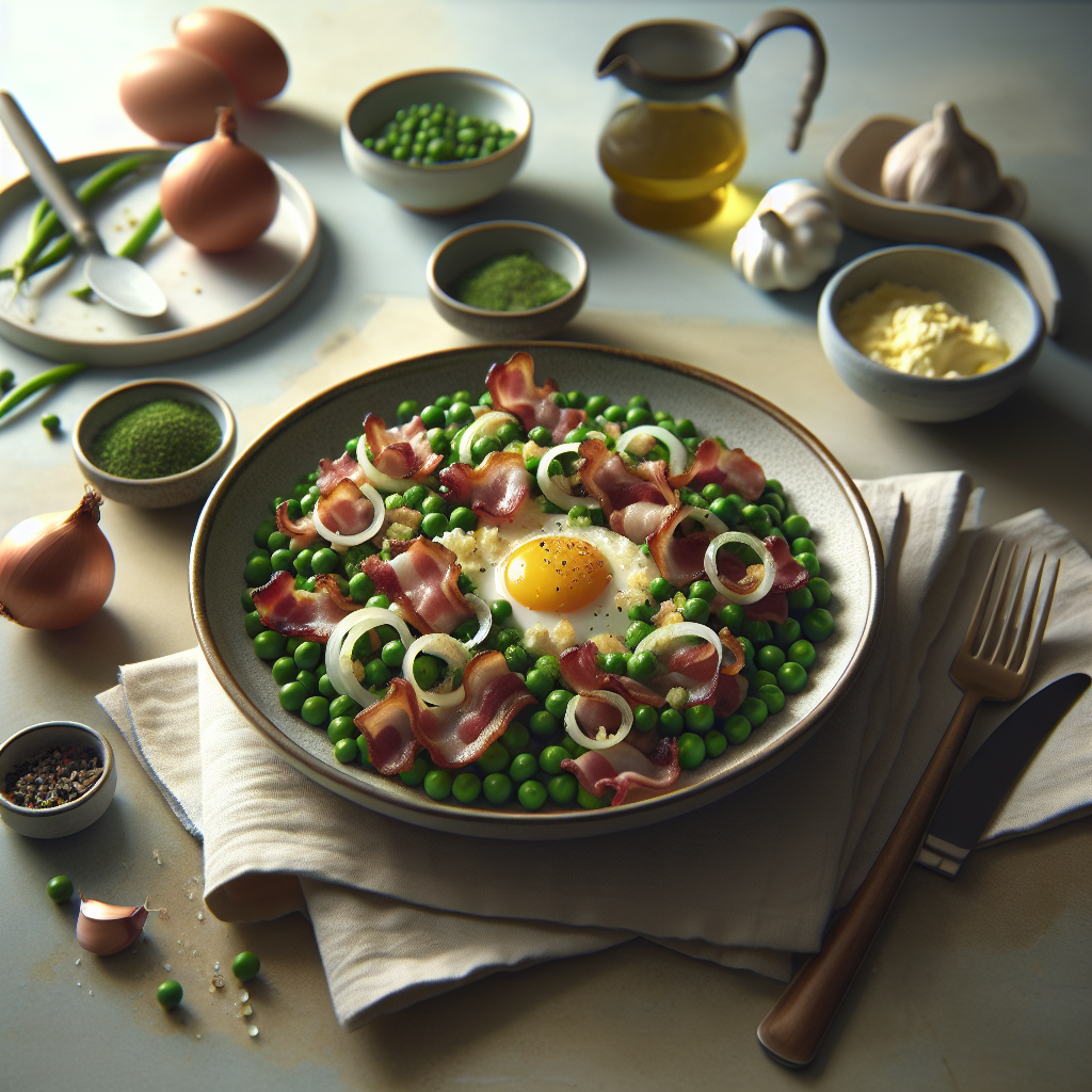 Guisantes con Bacon, Cebolla, Ajo y Huevo