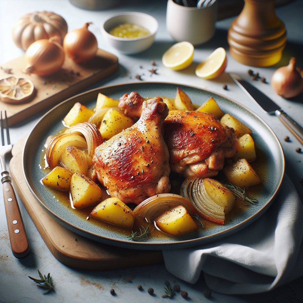 Contramuslos al horno irresistibles sobre cama de patatas y cebolla