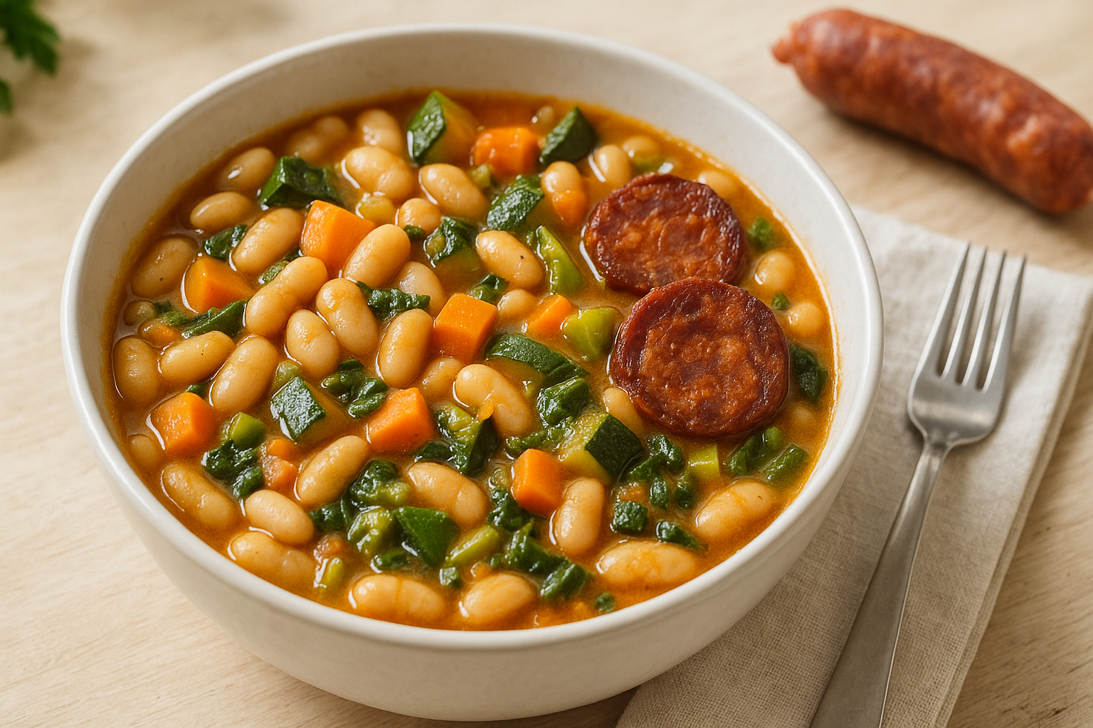 Alubias con verduras y chorizo en air fryer irresistibles