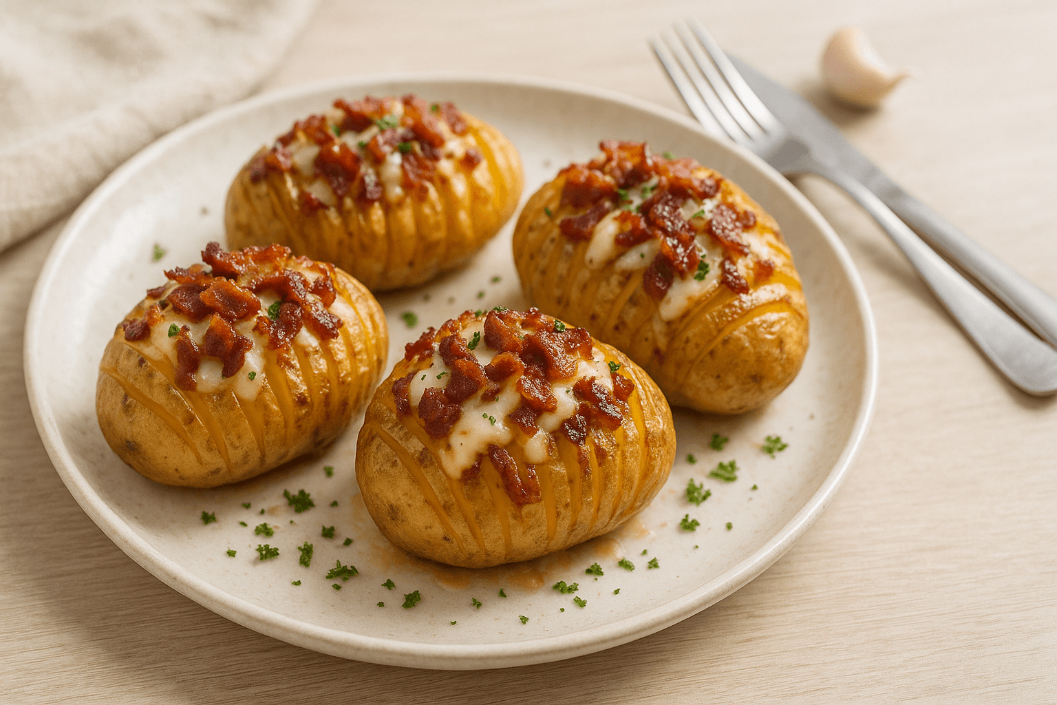 Plato de Patatas Hasselback con Queso y Bacon Crujiente en Freidora de Aire