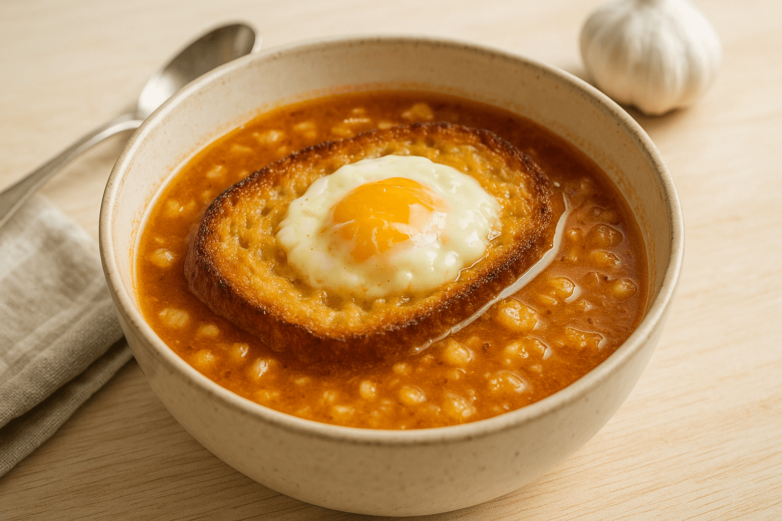 Plato de Sopa de Ajo con Base Tostada: Un Clásico Reconfortante